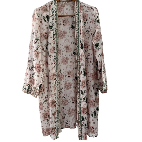 Rebellion Sweaters - Rebellion Floral Kimono Duster Cardigan Pink Green Long Sleeve Open Front L
